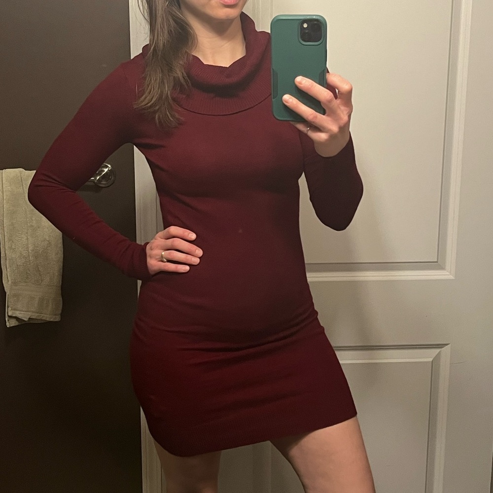 Deep Red, Knit, Cowl Neck Sweater Dress - size small. Bodycon